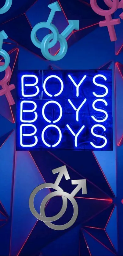 Neon blue gender symbols with text on a vibrant background.