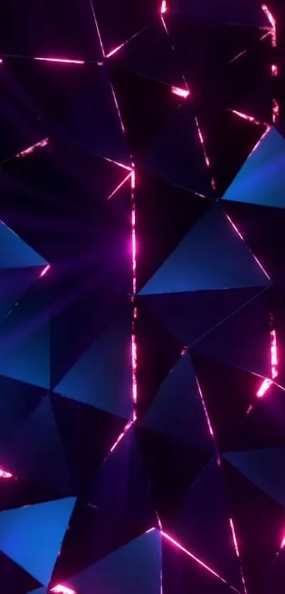 Neon geometric abstract wallpaper with blue and pink hues, featuring vibrant lighting effects.