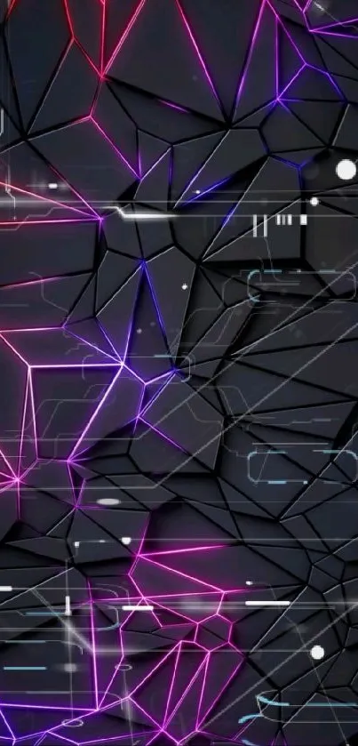 Dark abstract wallpaper with neon geometric shapes.