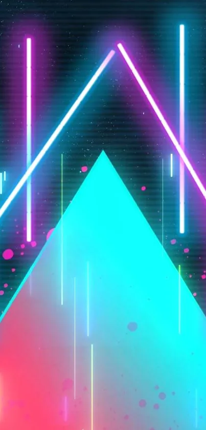 Neon teal and pink triangle wallpaper with starry background.