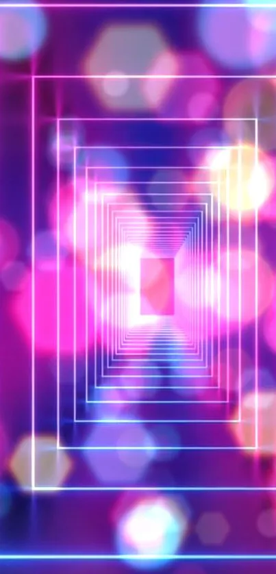 Neon geometric blur wallpaper with concentric rectangles and abstract bokeh lights.