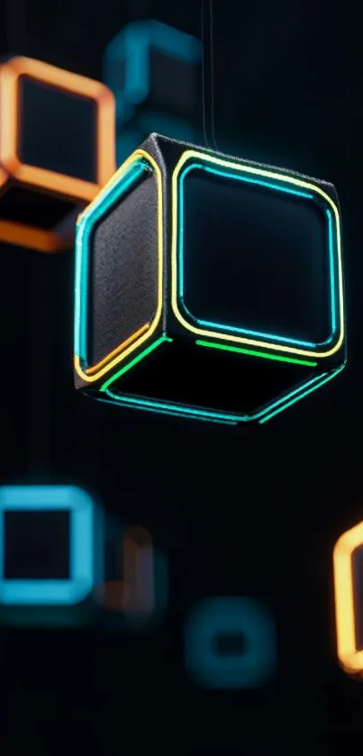 Neon glowing cubes with geometric design on black background.