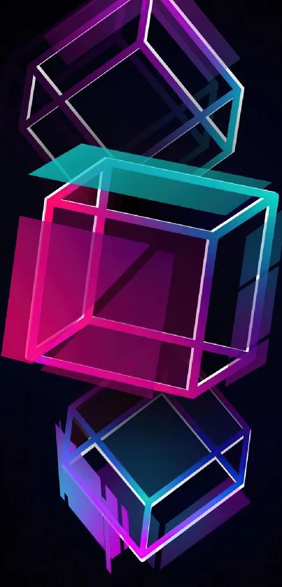 Vibrant neon geometric cubes on a dark background, perfect for mobile wallpaper.