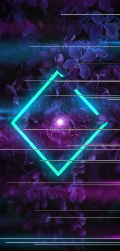 Neon geometric shape with purple flowers backdrop.