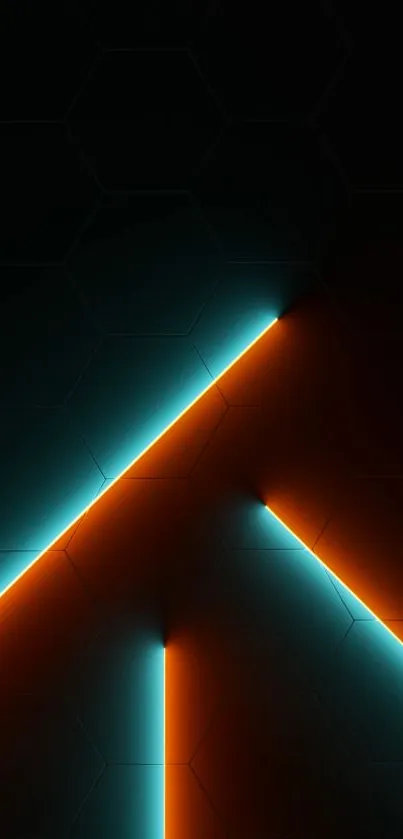 Neon geometric wallpaper with orange and teal lines on dark background.