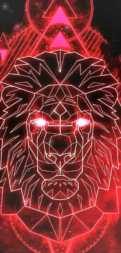 Neon geometric lion head in red hues on phone wallpaper.