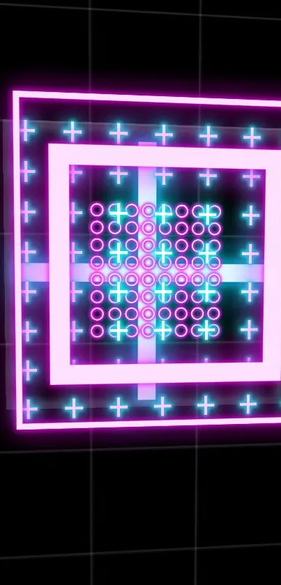 Vibrant geometric neon wallpaper with glowing pink and blue patterns.