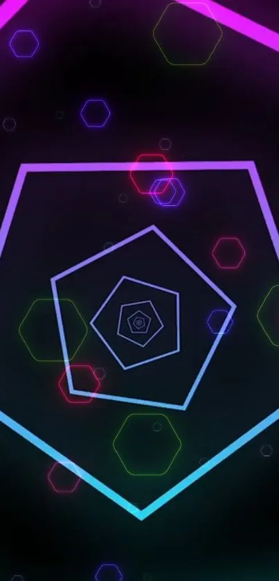 Neon geometric wallpaper with hexagons and pentagons on a black background.