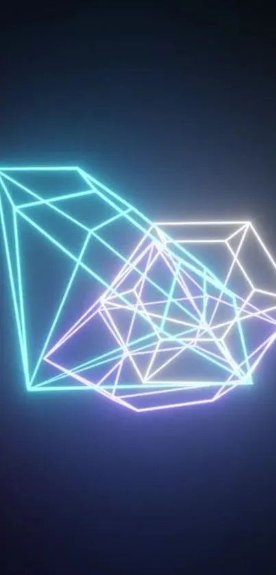 Neon geometric 3D wireframe shapes on a dark background.