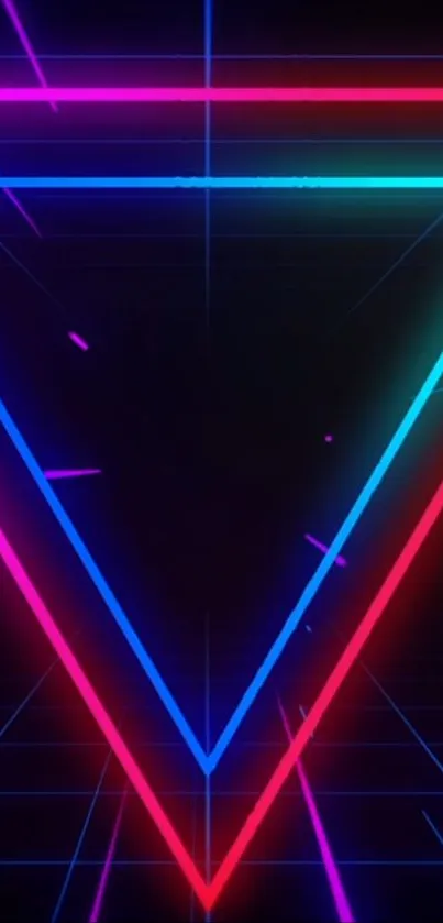 Neon geometric triangle design with vibrant colors on black background.