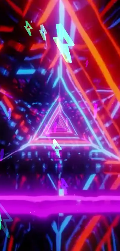 Futuristic neon geometric mobile wallpaper with glowing triangles.