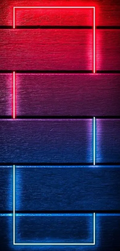 Abstract neon geometric wallpaper with red and blue lights on dark background.