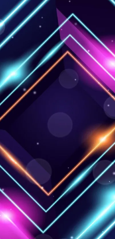 Neon geometric mobile wallpaper with vibrant glowing lines.