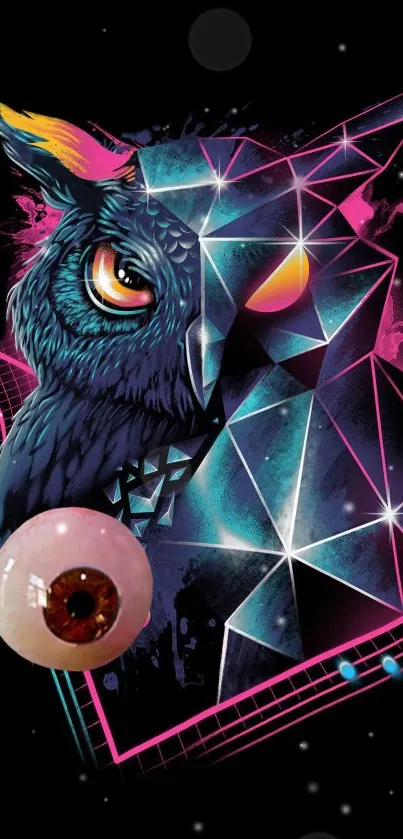 Neon geometric owl with abstract patterns on a black background.