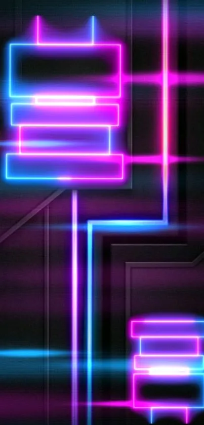 Vibrant neon mobile wallpaper with geometric glowing blue and pink lines.