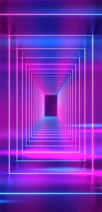 Neon geometric tunnel wallpaper with pink and blue lights.