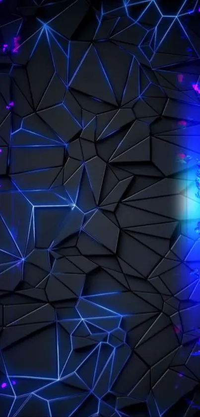 Neon geometric phone wallpaper with blue patterns and dark background.