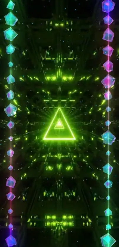 Neon green geometric triangle wallpaper with abstract patterns.