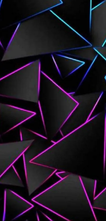 Neon geometric triangles on black background.