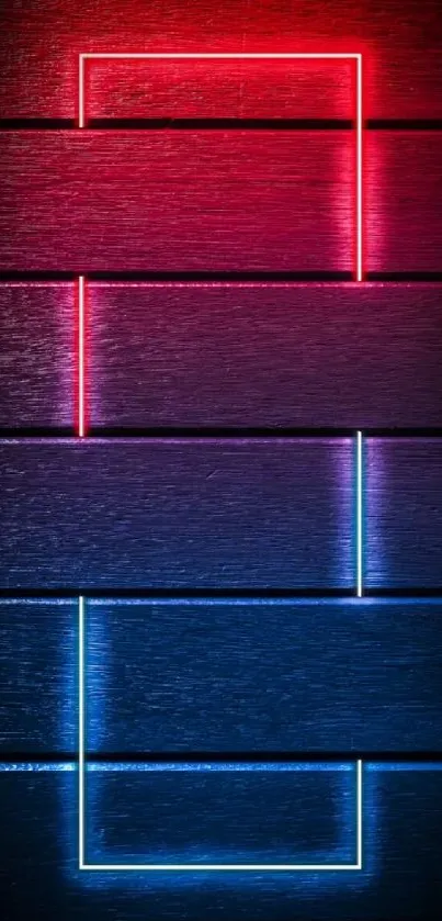 Neon geometric mobile wallpaper with red and blue lines on a dark background.