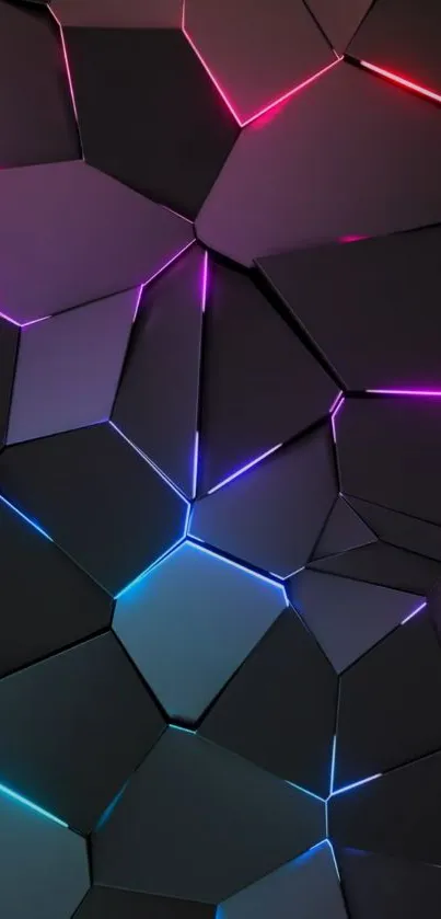 Neon geometric wallpaper with glow effect featuring pink and blue LED lights.