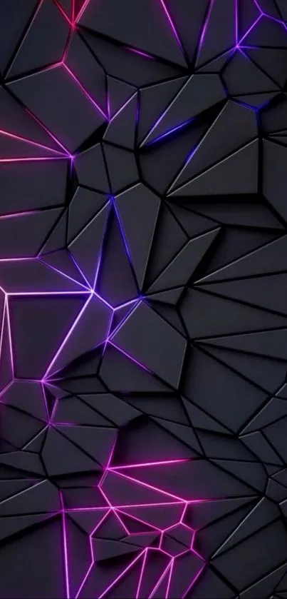 Dynamic neon geometric wallpaper with red and purple lights on black.