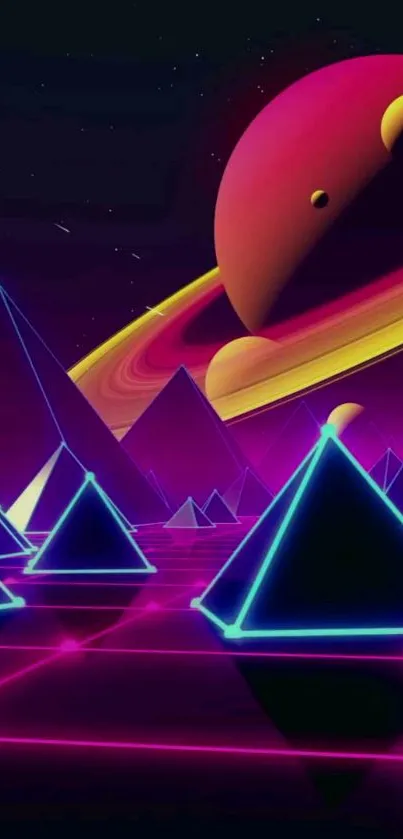 Neon pyramids under a colorful space sky with Saturn.