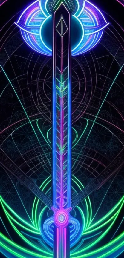 Futuristic neon geometric sword design wallpaper.