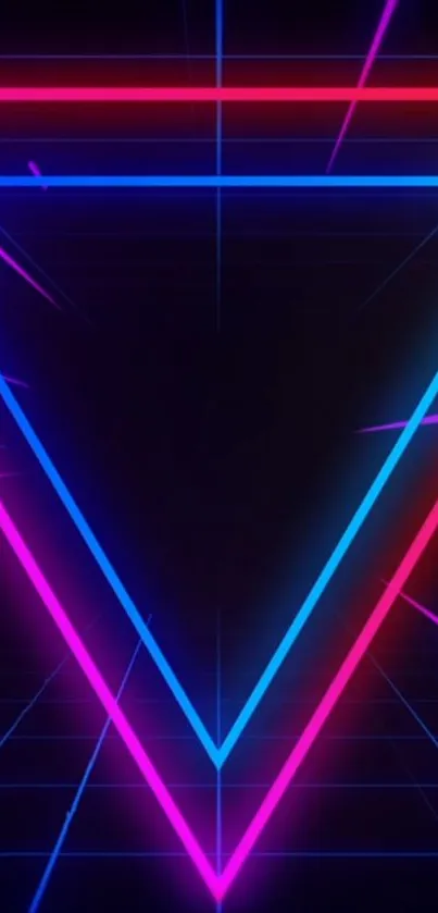 Neon triangle geometric design on a dark background with vibrant colors.