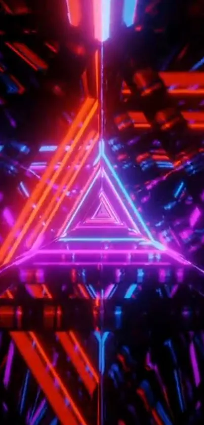 Vivid neon geometric triangle wallpaper with pink, blue, and red hues.