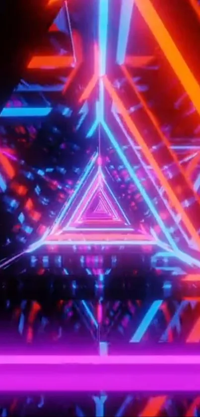 Colorful neon triangle vortex wallpaper with pink, blue, and red lights.