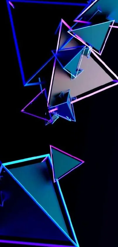 Mobile wallpaper with neon geometric triangle patterns in blue and purple hues.