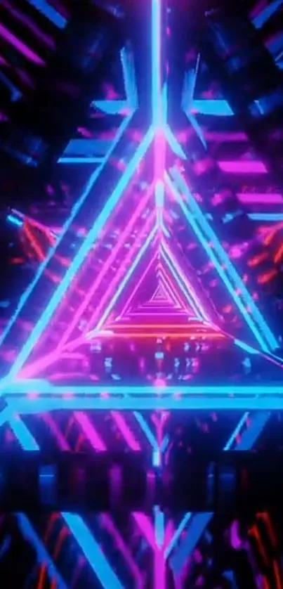 Neon geometric triangles with vivid pink and blue lights, creating a futuristic feel.