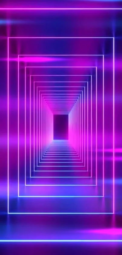 Vibrant neon geometric tunnel wallpaper with pink and blue glowing lines.