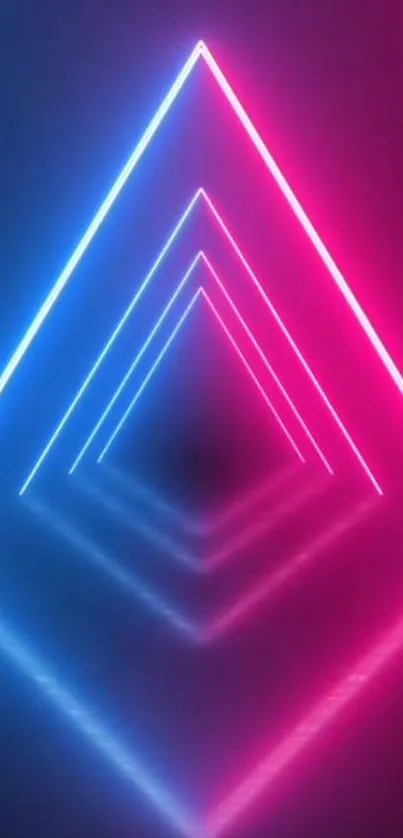Neon geometric tunnel with pink and blue light reflecting in a futuristic design.