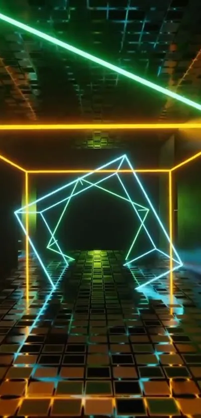 Neon geometric tunnel with vibrant reflections and colorful lights.