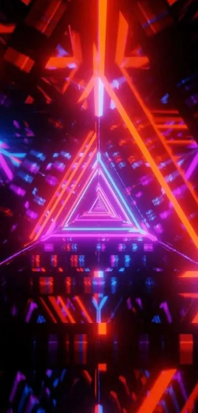 Neon geometric tunnel with vibrant lights and futuristic patterns