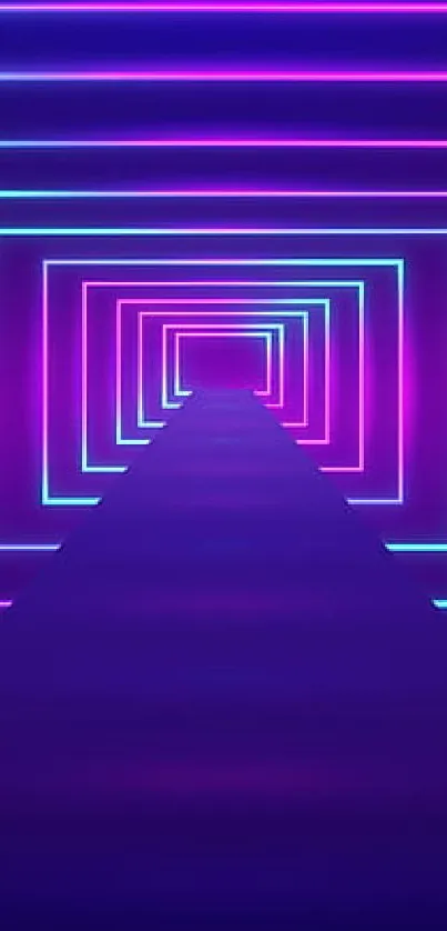 A vibrant neon geometric tunnel in blue and magenta hues.