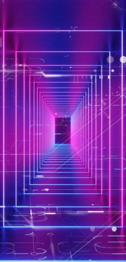 Neon geometric tunnel in purple and blue hues, perfect for tech-themed wallpapers.