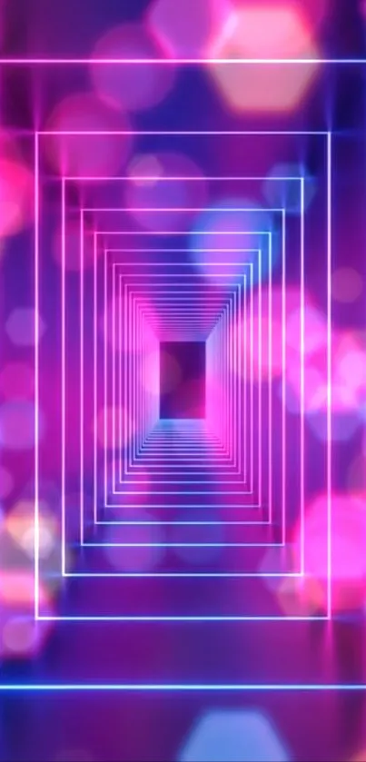 Vibrant neon geometric tunnel in pink and purple shades for mobile wallpaper.