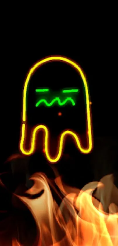 Vibrant neon ghost on a black background, ideal for a retro-inspired mobile wallpaper.