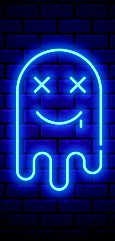 Neon blue ghost on dark brick wall wallpaper.