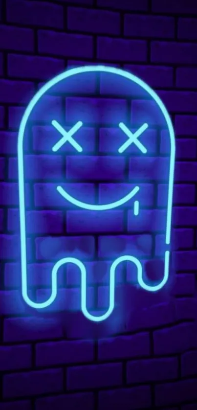 Neon ghost art with brick backdrop.