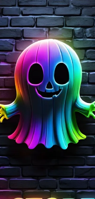 Colorful neon ghost on dark brick wall wallpaper.