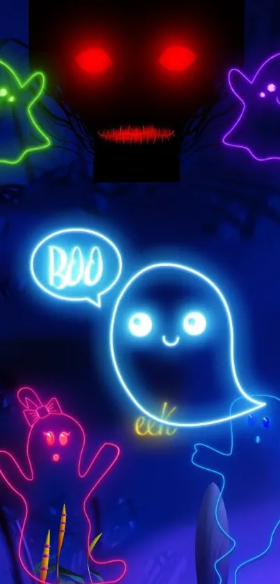 Neon ghosts with spooky vibes on a dark background mobile wallpaper.