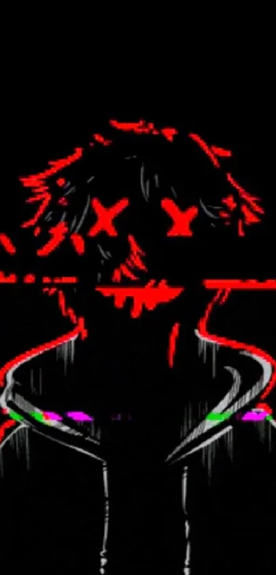 Neon glitch anime wallpaper of a mysterious character with red accents on black.