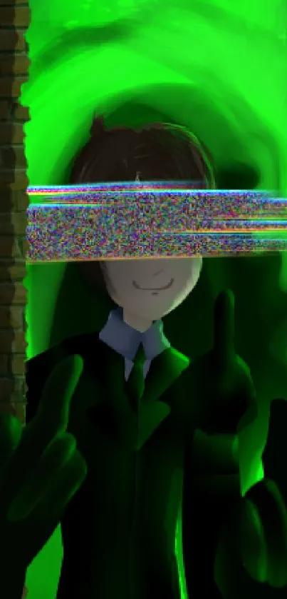 Mysterious character with glitch effect and neon green aura on wallpaper.