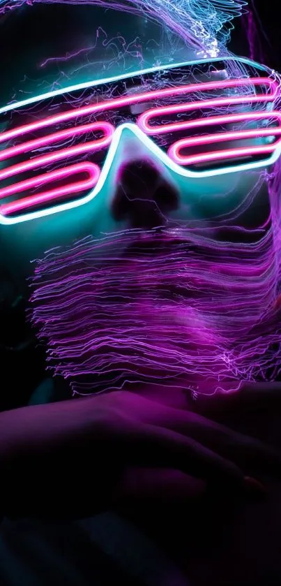 Abstract portrait with neon pink and blue glow on dark background.