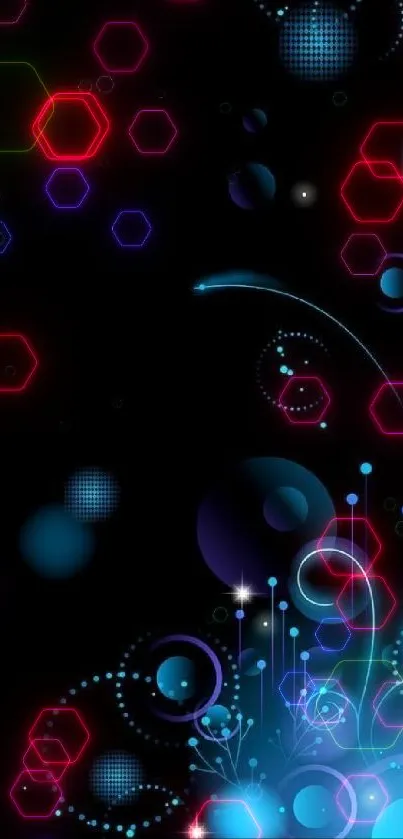 Artistic neon glow abstract wallpaper with blue patterns on black background.