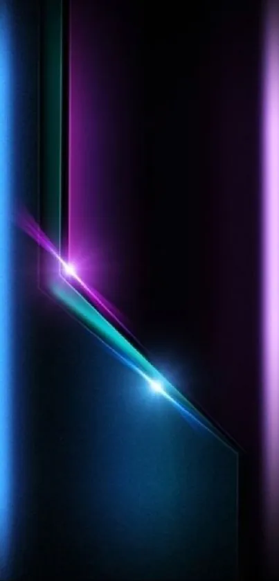 Neon abstract mobile wallpaper with vibrant blue and purple light effects.